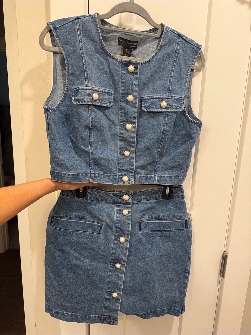 House of Harlow 1960 Denim Vest with Pearl Buttons